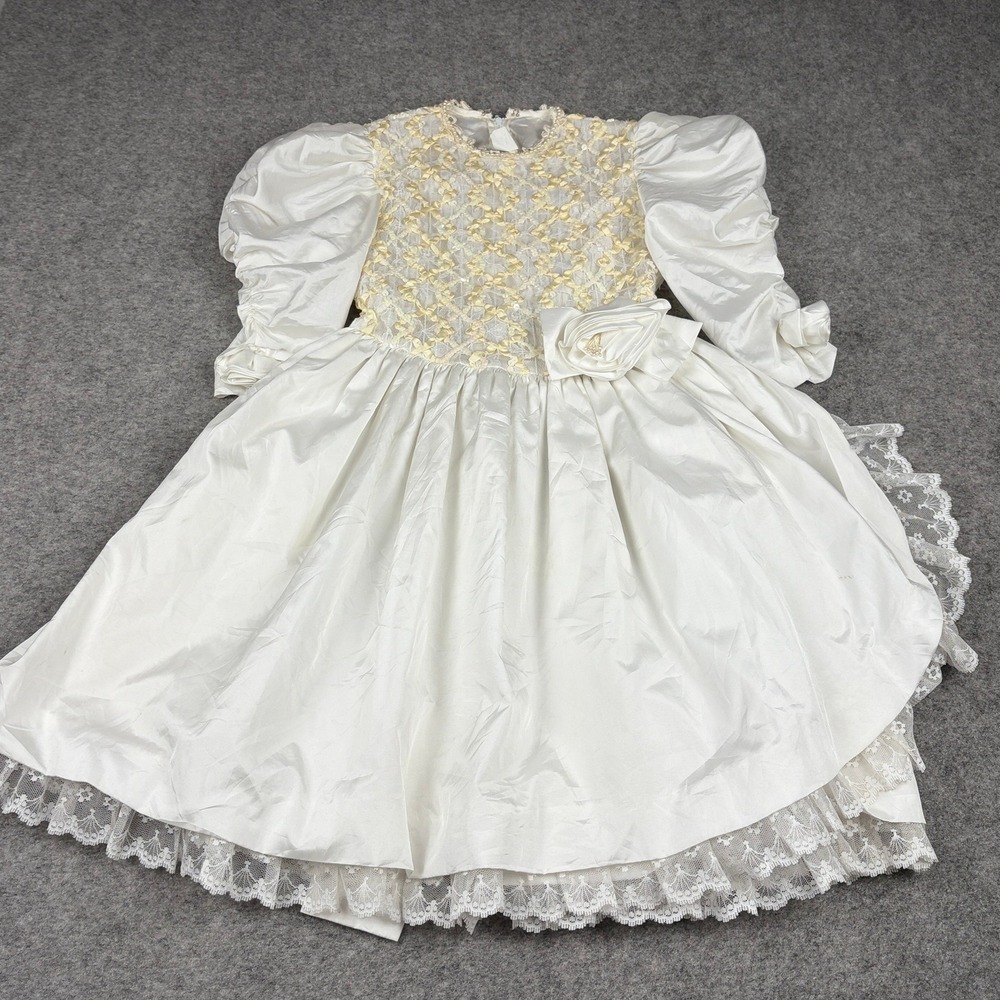 Jayne Copeland Dress Girls‎ Size 7 Vintage White Lace Sequin Puff Sleeve Formal